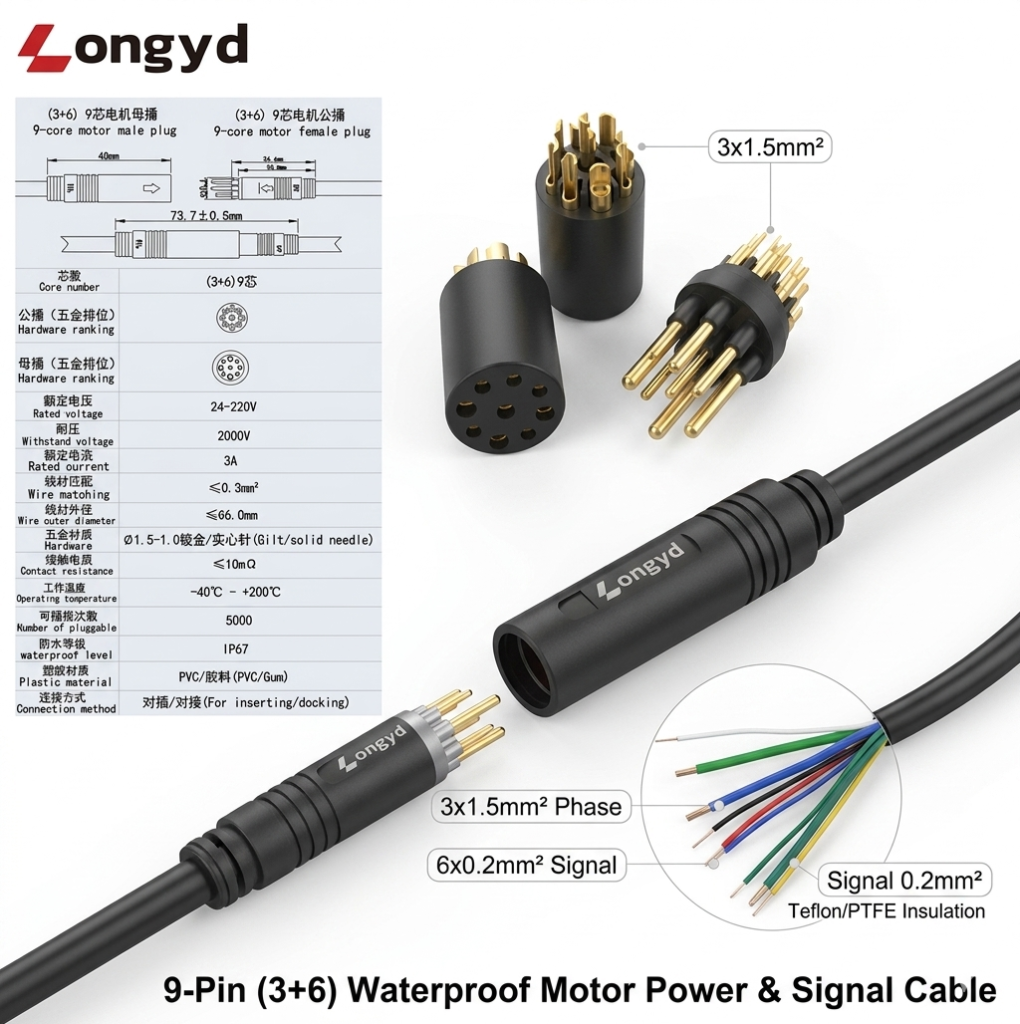 9 pin (3+6) waterproof motor power & signal cable