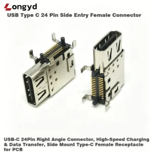USB Type C 24 Pin Side Entry Female Connector