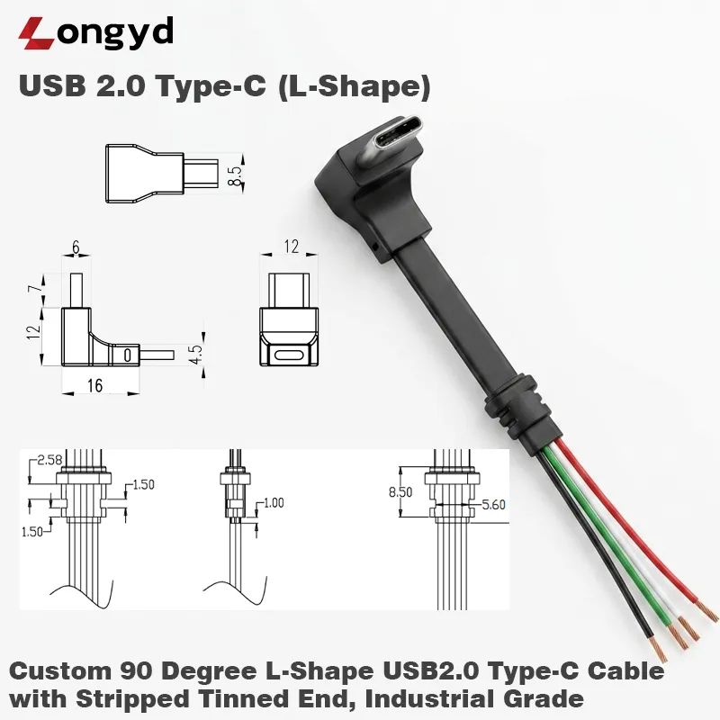 L-Shape USB 2.0 Type-C Open End Cable