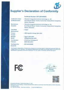 FCC compliance certificate for custom USB data cables and electronic connector assemblies for North American markets.