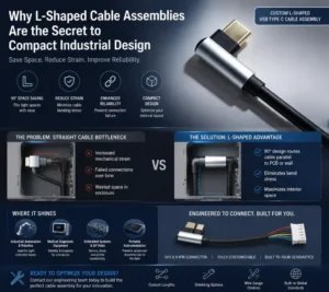 L-shaped right-angle USB cable assembly for compact industrial enclosures