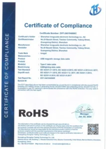 RoHS certificate of compliance for electronic components, ensuring eco-friendly and hazardous substance free custom wire harnesses and connectors.