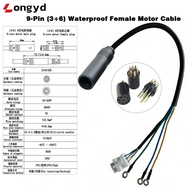 9-pin motor power and signal cable harness custom length for electric scooter and robotic motor drives