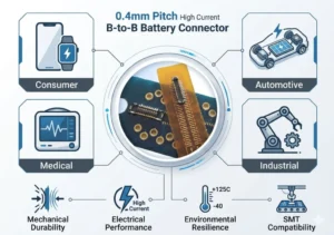 High-current board-to-board battery connector for compact PCB designs in consumer and industrial applications
