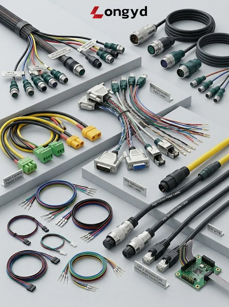 Heavy duty waterproof wiring harness assemblies integrated with circular aviation connectors and multi-pin industrial cable connectors.