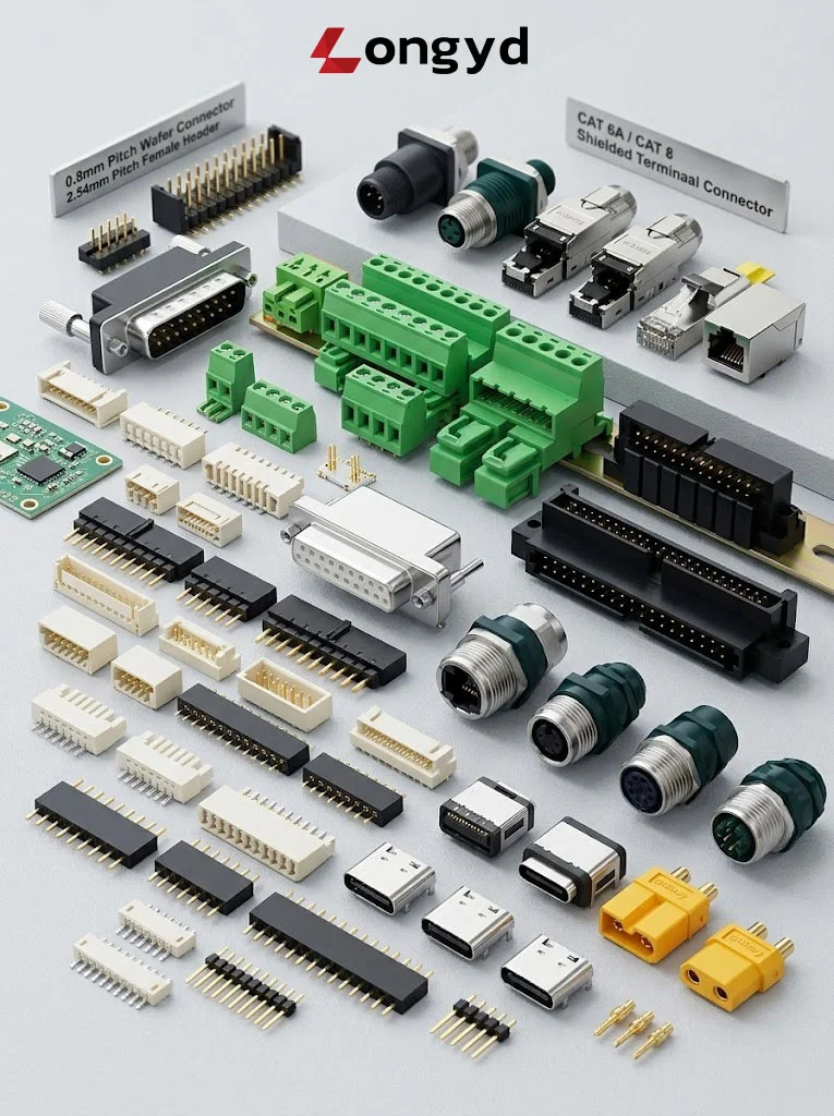 Custom electronic connectors and terminal blocks inventory including PCB wafer connectors, heavy duty pin headers, and terminal blocks for industrial automation.