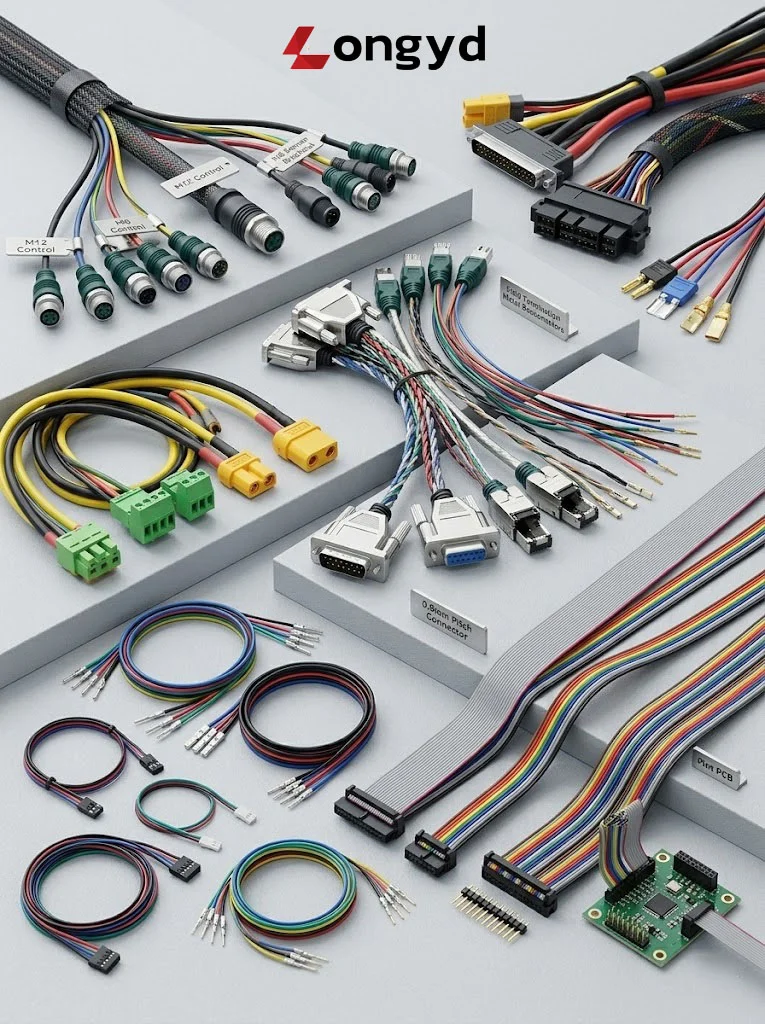 Custom wire harness and cable assemblies for industrial control systems, featuring precision crimped terminals, heavy-duty connectors, and protective sleeving.